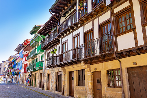 Hondarribia beautiful village colorful facades in Gipuzkoa, Guipuzcoa at Basque Country of Spain, Euskadi