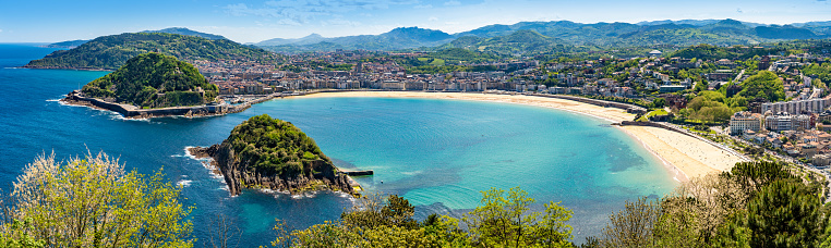 San Sebastian Playa de La Concha beach Donostia and skyline in Gipuzkoa, Guipuzcoa at Basque Country of Spain, Euskadi