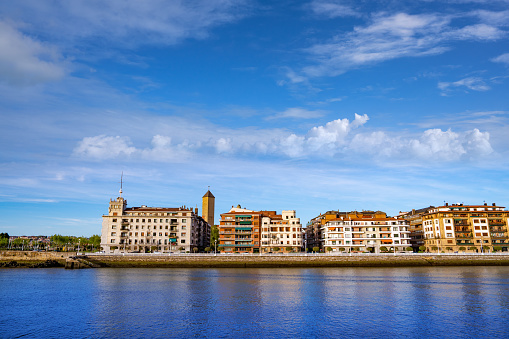 Getxo skyline facades from Ria de Bilbao beach in sunny summer day in Vizcaya Biscay, Basque country of Spain