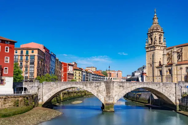 Bilbao city and Nervion river in San Anton Church and bridge of Biscay Vizcaya of Basque Country of Euskadi Spain