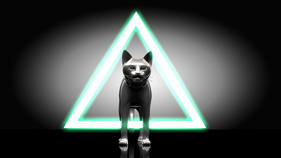 A cat walks through the opening triangle shaped dimensional door. In ancient Egyptian belief, cats were believed to be connected to the other world.