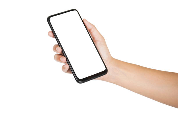 istock Hand holding blank smartphone isolated on white background with clipping path, empty screen phone in hand for advertisement and message 1501103204