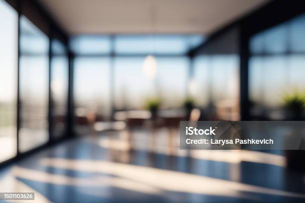 Defocused Background Image Of A Spacious Hallway In A Modern Office Stock Photo - Download Image Now