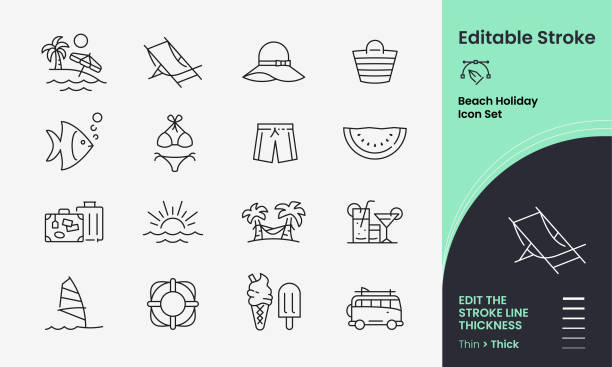 Beach Vacation Holiday vector icon set containing 16 editable stroke icons. Beach Vacation Holiday Icon collection containing 16 editable stroke icons. Perfect for logos, stats and infographics. Edit the thickness of the line in any vector capable app. palm icon stock illustrations
