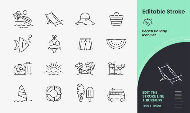 Vector illustration of Beach Vacation Holiday vector icon set containing 16 editable stroke icons.