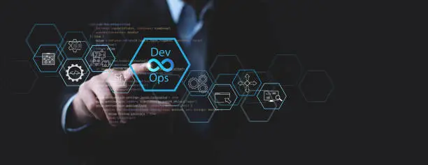 DevOps software development and IT operations, software engineer, project manager working in agile methodology, dev ops icon and javascript. Development Operations programming technology concept