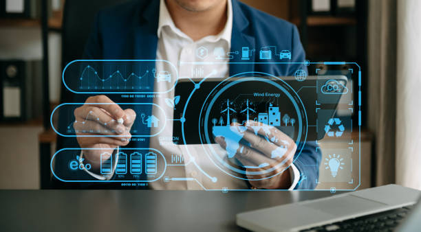 istock Businesswoman working virtual tablet computer twith reduce CO2 concept with icons, global warming such as reforest green factory recycle in office 1501111027