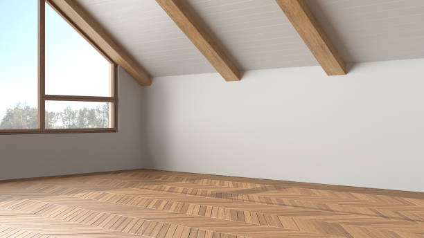 istock Empty room interior design, open space with parquet floor, wooden sloping ceiling and panoramic window, white walls, modern japandi architecture concept idea 1501111081