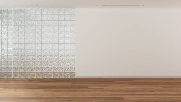 Empty room interior design, open space with parquet floor, white glass brick wall, mockup with copy space, modern contemporary architecture concept idea