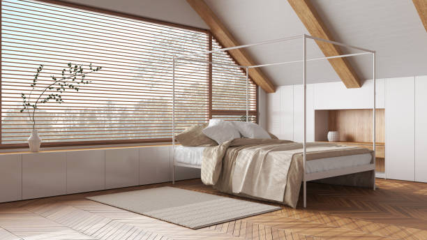 istock Attic interior design, minimal wooden bedroom with canopy bed and panoramic window in white tones. Carpet and decors. Japandi scandinavian style 1501111251