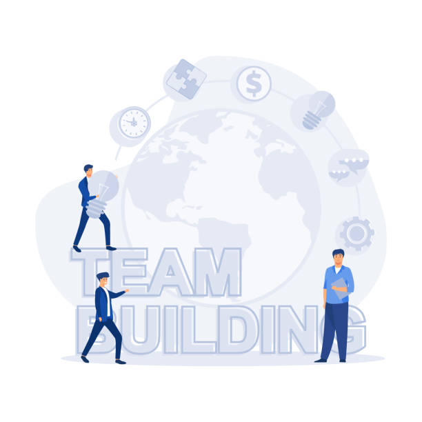 team building people koncepcja biznesowa z dużymi słowami i ludźmi otoczonymi powiązanymi ikonami rozprzestrzenianie się, płaska wektorowa nowoczesna ilustracja - 11905 stock illustrations