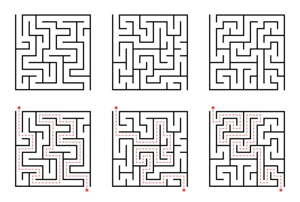 Vector illustration of Labyrinth line pattern. Rectangle labyrinth with entry and exit. Vector labyrinth of low or medium complexity.