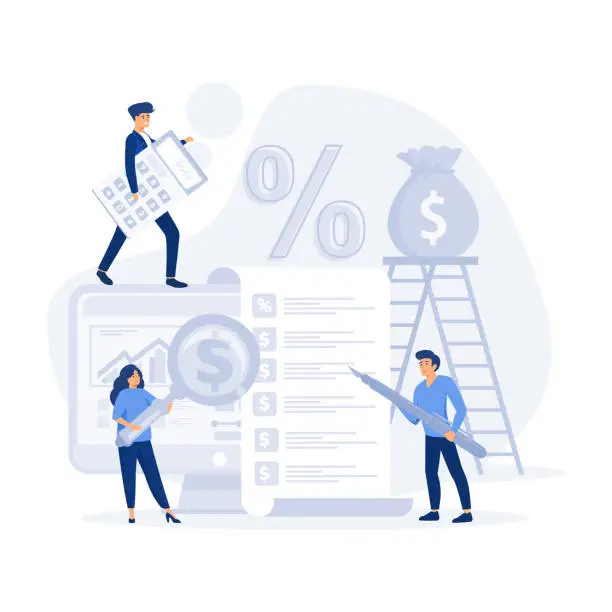 Vector illustration of Accounting and Bookkeeping, Filling Bookkeeping Data, Graphs and Charts Counting Money Refund, flat vector modern illustration.