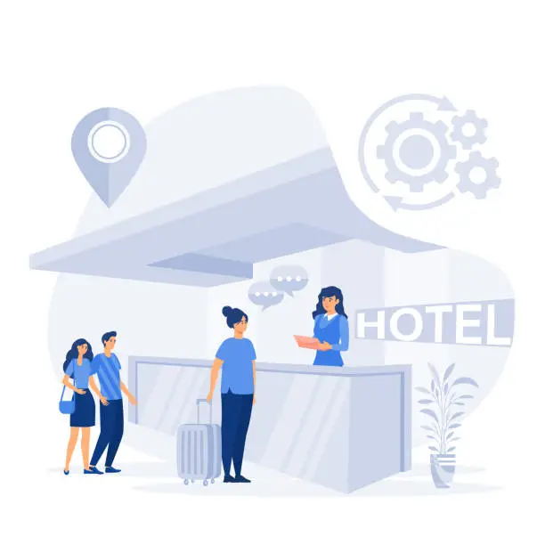 Vector illustration of Receptionist welcomes the guest, Check into hotel. Hostel interior with administrator. flat vector modern illustration