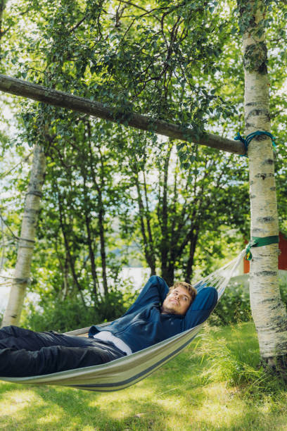 istock Happy man relaxing on hammock in summer Norwegian forest 1501114414