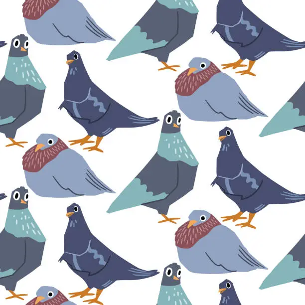 Vector illustration of Seamless pattern with the image of pigeons. A variety of dave in different poses. Vector illustration.