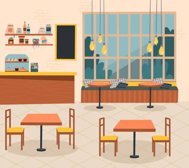 Vector illustration of Empty cafe interior. Coffee shop with a bar, tables and chairs. Vector illustration of a flat design