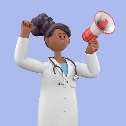3D illustration of Female Doctor Juliet holding a speaker. Cute smiling businessman announcing over the loudspeaker by raising his hand. Business advertising concept.