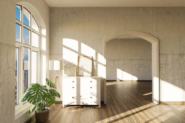 istock luxurious loft apartment with arched window and minimalistic interior living room design; 3D Illustration 1501121427