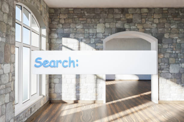 istock search box text floating in air standing in luxurious loft apartment with arched window and minimalistic interior living room design; 3D Illustration 1501122800
