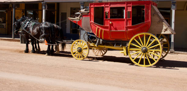 istock Antique stagecoach pulled by a pair of horses on a dirt road 1501128001