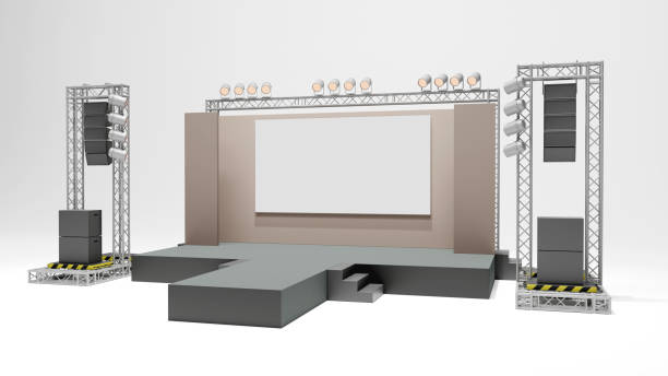 istock 3D rendering of the stage show and truss construction with light and sound system, blank screen for concert, show, performance business concept 1501130159