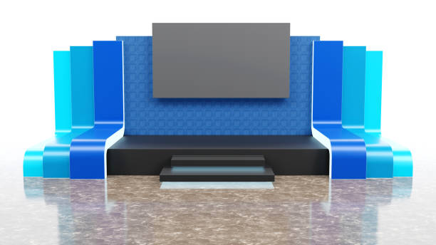 istock 3d rendering of pastel light stage and blue gradation backdrop with blank screen for event, presentation, Stage design concept 1501130241