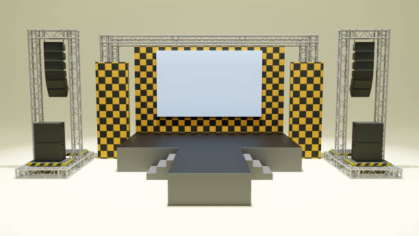 istock 3D rendering of the stage show and truss construction with sound system, blank screen for concert, show, performance, Stage design concept 1501130243