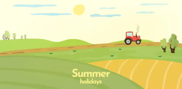 Vector illustration of Vector rural background. Holiday landscape in flat style. Cartoon flat vector illustration. Summer vacation vector illustration. Nature landscape. Panoramic backdrop. Countryside nature.