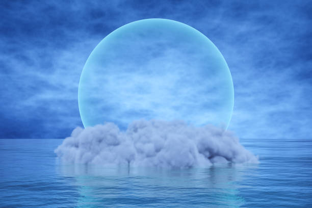 istock Abstract 3d render podium background, The cloud floating on the surface water with transparent blue light ball, backdrop blue night sky for product display, advertising or etc 1501130850