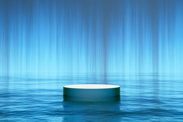 istock Abstact 3D render podium backgrond, Podium floating on the water, Backdrop has a beam of light blue color shining up on the sky for product display, create and design 1501130854