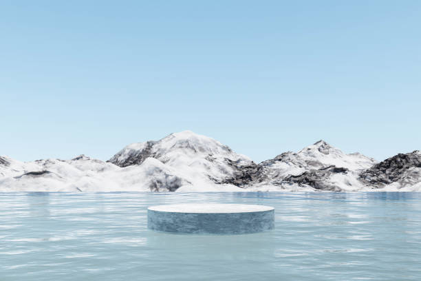 istock 3d render winter platform and natural podium background, Ice podium on the lake, backdrop ice snow mountain and clear sky for product display, advertising, cosmetic, skincare or etc 1501130855