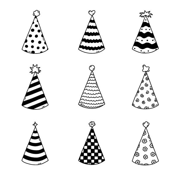 Cute set with birthday party hat with pompon above. Sketch of party cone and Christmas cap with cute decoration. Simple vector black doodle with hand drawn outline isolated on white background. Cute set with birthday party hat with pompon above. Sketch of party cone and Christmas cap with cute decoration. Simple vector black doodle with hand drawn outline isolated on white background party hat stock illustrations