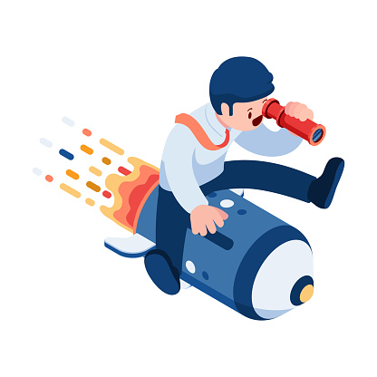 Flat 3d Isometric Businessman Looking Through Telescope on Rocket. Business Vision Concept.
