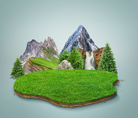 3d illustration of cut grass ground with landscape. The trees on the island. eco design concept. waterfall.