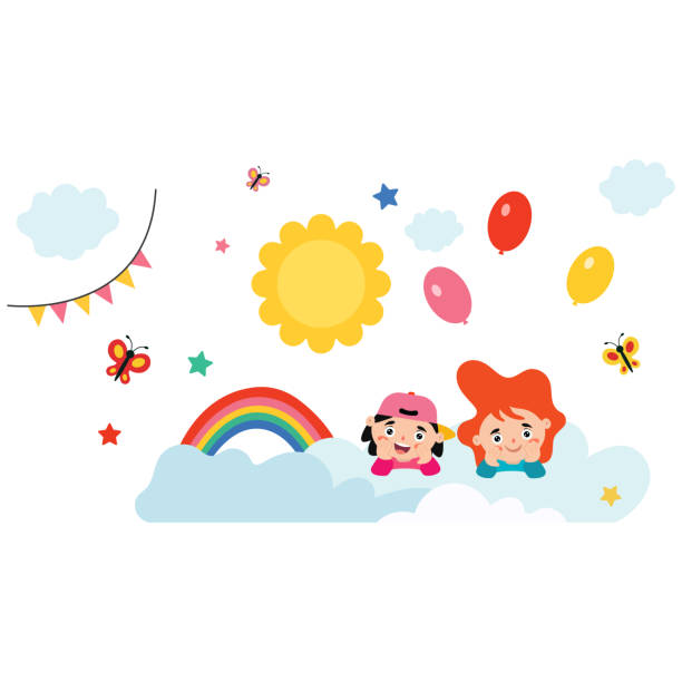 illustrations, cliparts, dessins animés et icônes de happy children on sky background.illustration vectorielle plate. - sun sky child balloon