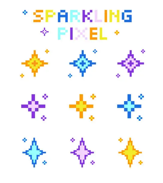 Vector illustration of Colorful sparkle pixel Cute Sparkling pixel bright sparkle star, Stars, glitter, sparkles. Starry sky pixel