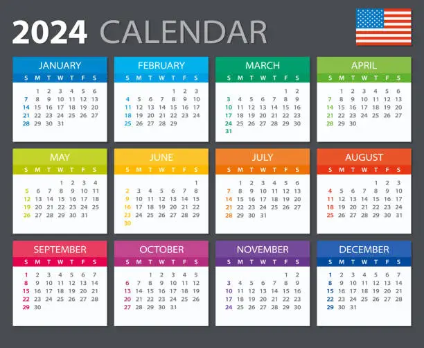 Vector illustration of 2024 Calendar - vector stock illustration template - American version
