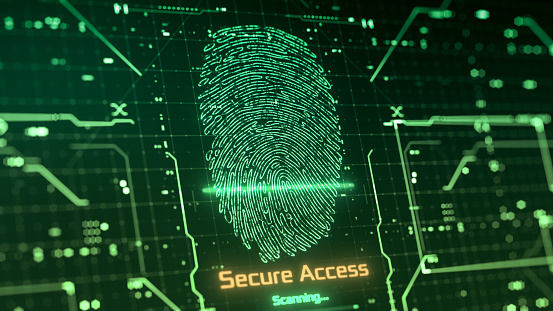 fingerprint scanner, futuristic interface, concept of cyber security, secure access (3d render)