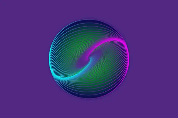 Vector illustration of 3D sphere design, elegant logo glowing circle. Abstract neon tunnel. Twisted lines. Spectrum Space tunnel in blue and pink vivid color. Vector illustration isolated on purple background