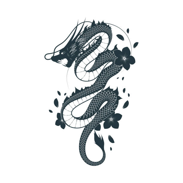 Mythology dragon with flowers and brushstroke. Japanese hand drawn vector illustration isolated on white for greeting card, tattoo and poster. Mythology dragon with flowers and brushstroke. Japanese hand drawn vector illustration isolated on white for greeting card, tattoo and poster. temple decor stock illustrations