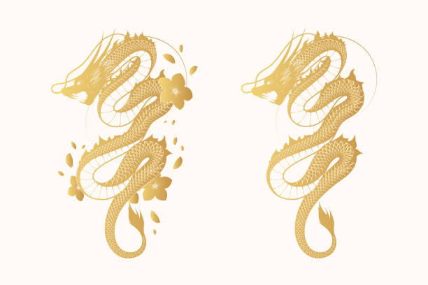 Golden mythology dragon with flowers and brushstroke. Japanese hand drawn vector illustration isolated on white background  for greeting card and poster.