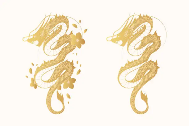 Vector illustration of Golden mythology dragon with flowers and brushstroke. Japanese hand drawn vector illustration isolated on white background  for greeting card and poster.