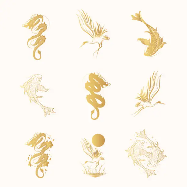 Vector illustration of Koi fish, dragon and crane japanese art collection. Golden set of 9 design elements for t-shirt, print and stickers. Hand drawn vector illustration isolated on white background.