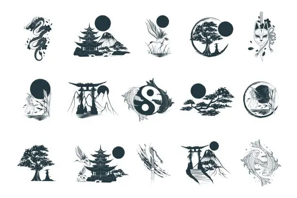 Vector illustration of Japanese art collection. Set of 15 design elements for t-shirt, tattoo, print and stickers. Hand drawn vector illustrations isolated on white background