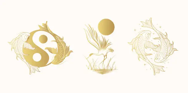 Vector illustration of Golden crane in the reeds under the sun and celestial koi fish,  symbol of harmony and balance . Three japanese hand drawn vector illustrations isolated on white for greeting cards and posters.