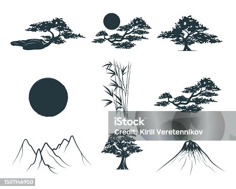 istock Bonsai, bamboo trees, mountains and the sun. Japanese art collection, set of 9 design elements for t-shirt, tattoo, print and stickers. Hand drawn vector illustrations isolated on white background. 1501146950