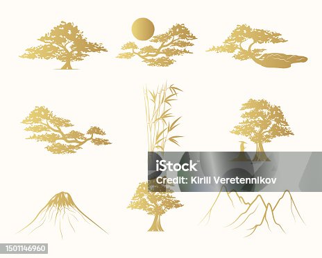 istock Golden bonsai, bamboo trees, mountains and the sun. Japanese art collection, set of 9 design elements for t-shirt, print and stickers. Hand drawn vector illustrations isolated on white background. 1501146960