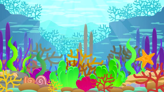 Animation of a seabed with seaweed, starfish, oysters, molluscs, aquarium.