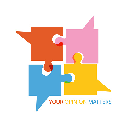 Your opinion matters concept with speech bubbles in puzzle pieces shape. Customer feedback symbol. Flat vector illustration isolated on white background